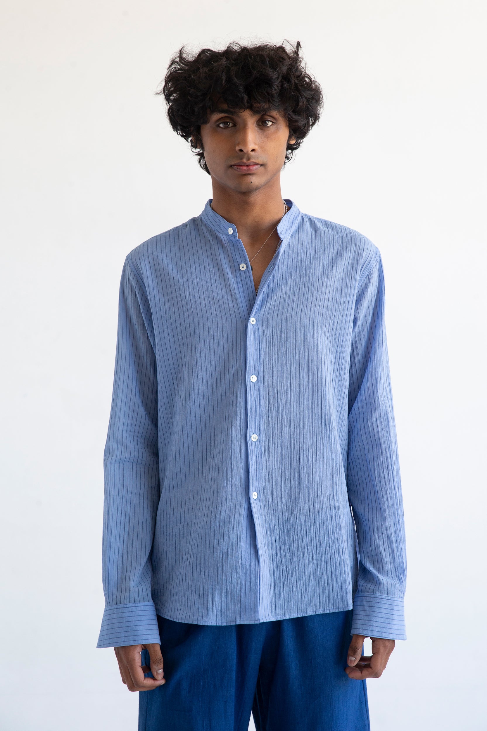 striped banded collar dress shirt