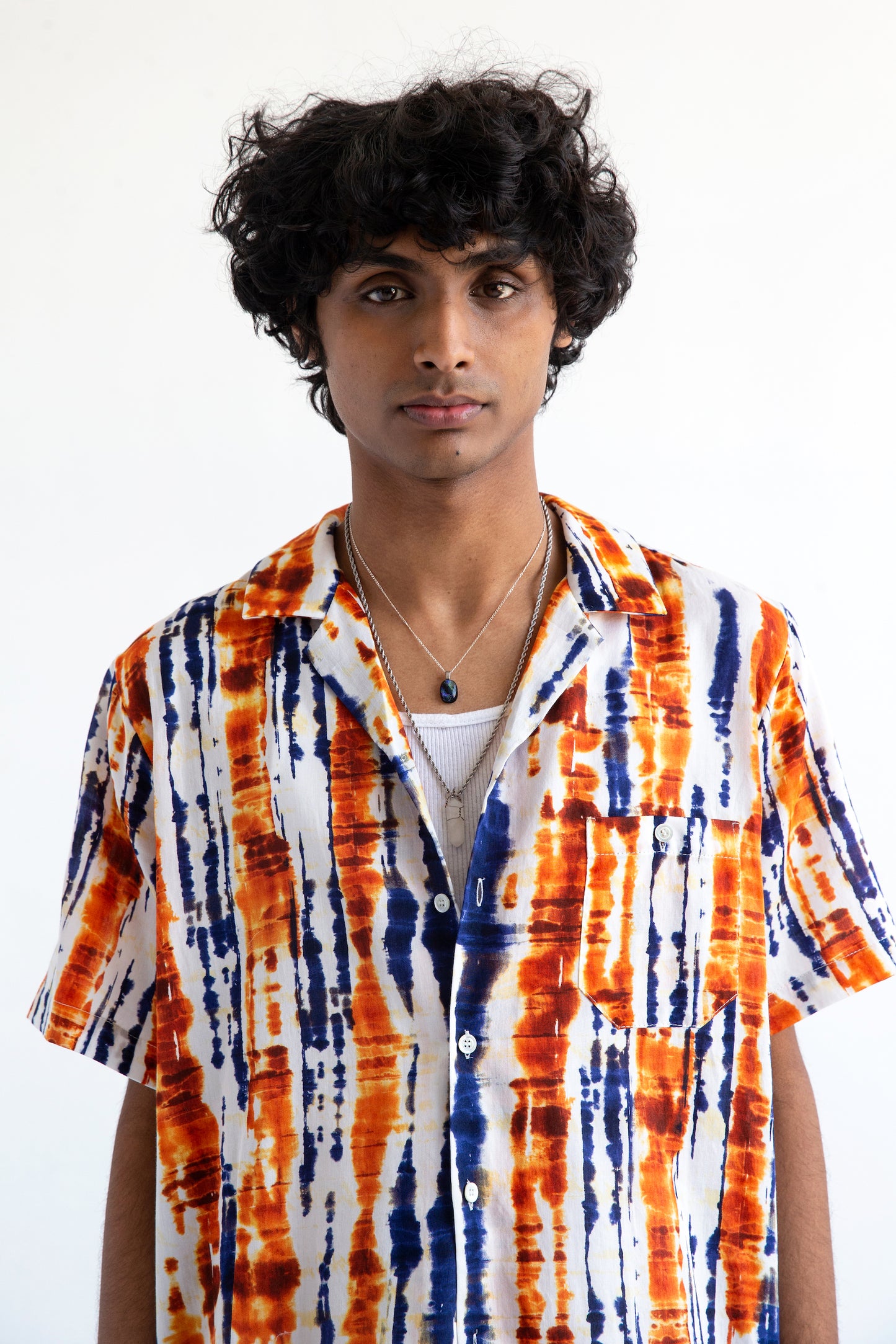 Graphia New York 'Desi' Short Sleeve Camp Collar Blue and Orange Batik Print