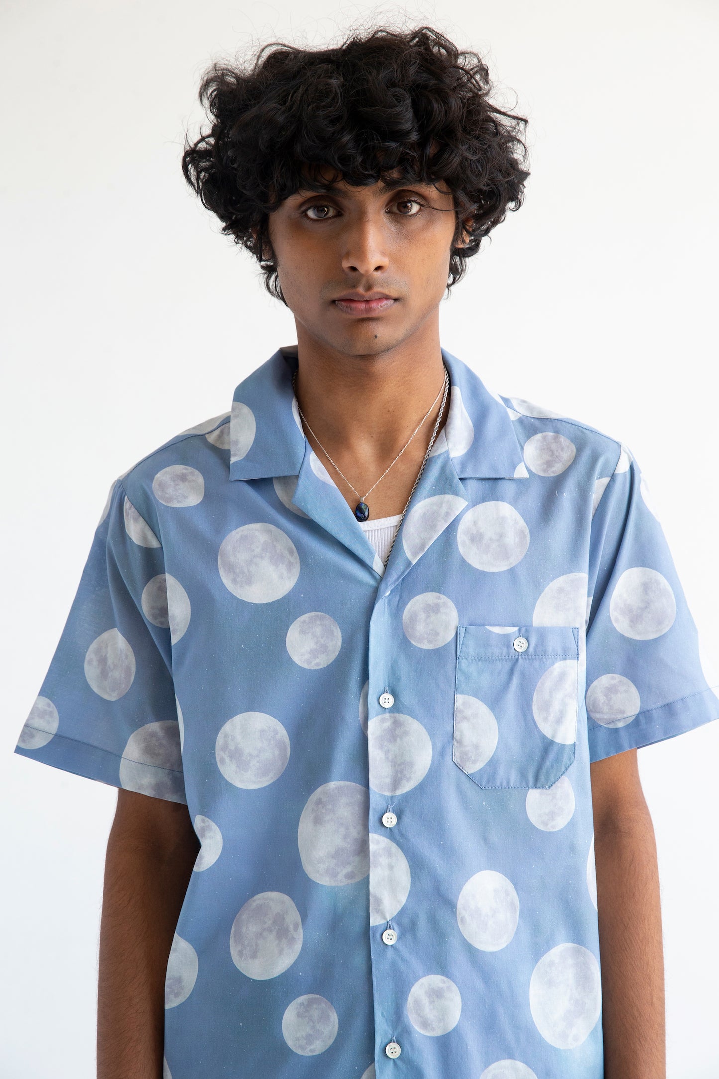 Graphia New York 'Desi' Short Sleeve Camp Collar Sky Blue Daytime Moon Print