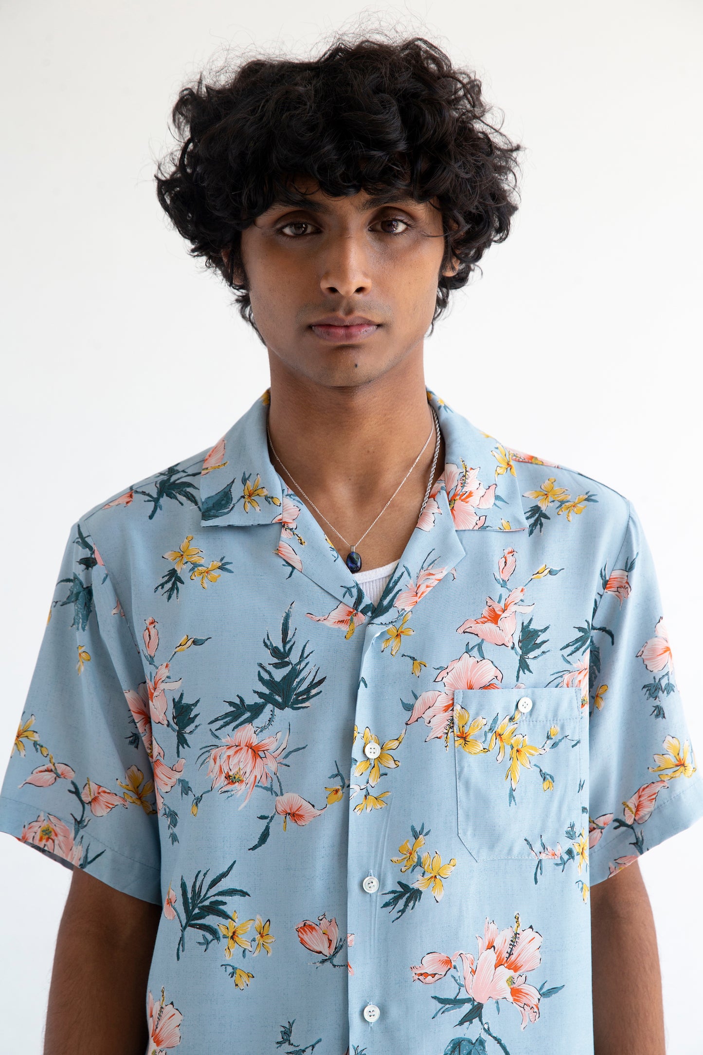 Graphia New York 'Desi' Short Sleeve Camp Collar in Blue Ukiyoe Hibiscus Print