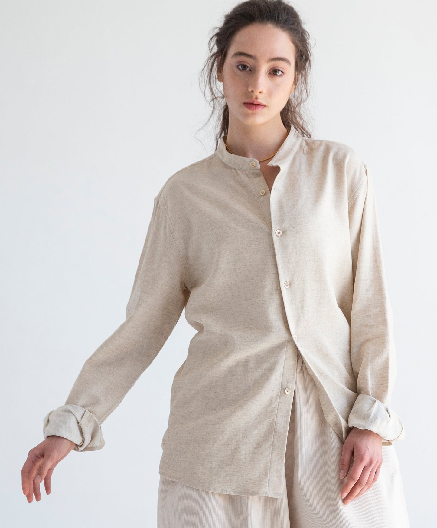 Graphia New York Liam Band Collar Vintage Cream Long Sleeve Shirt