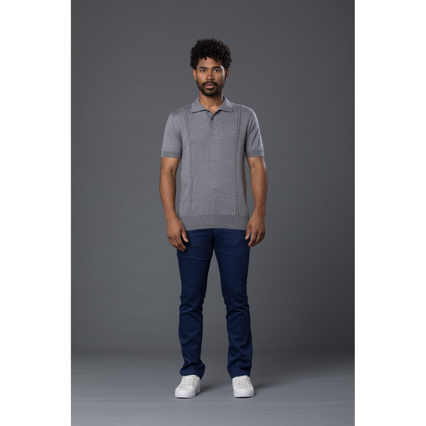 David Hart Grey Cable Knit Wool Polo