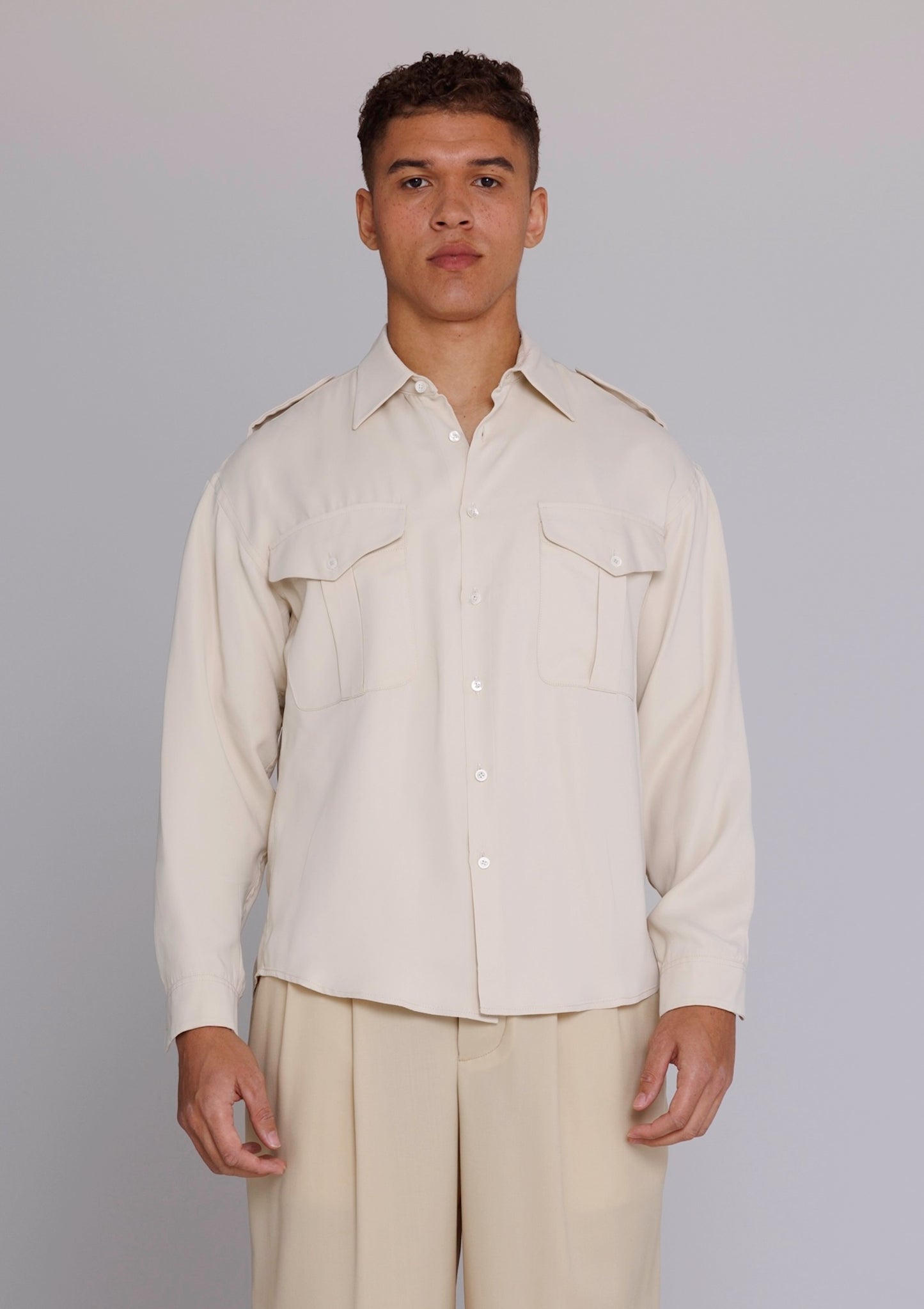 Graphia New York “Jones” Safari Shirt in Natural Satin