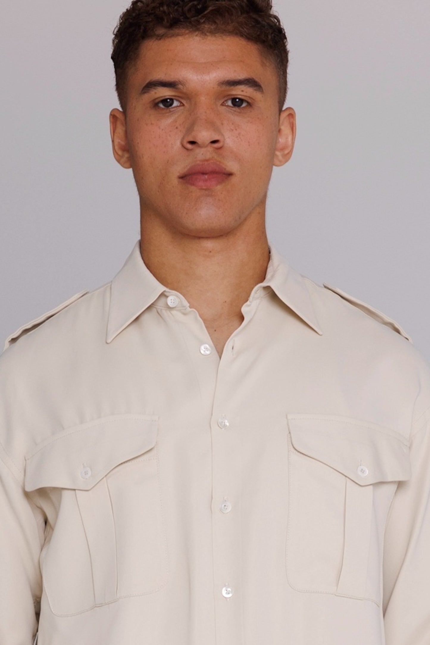 Graphia New York “Jones” Safari Shirt in Natural Satin