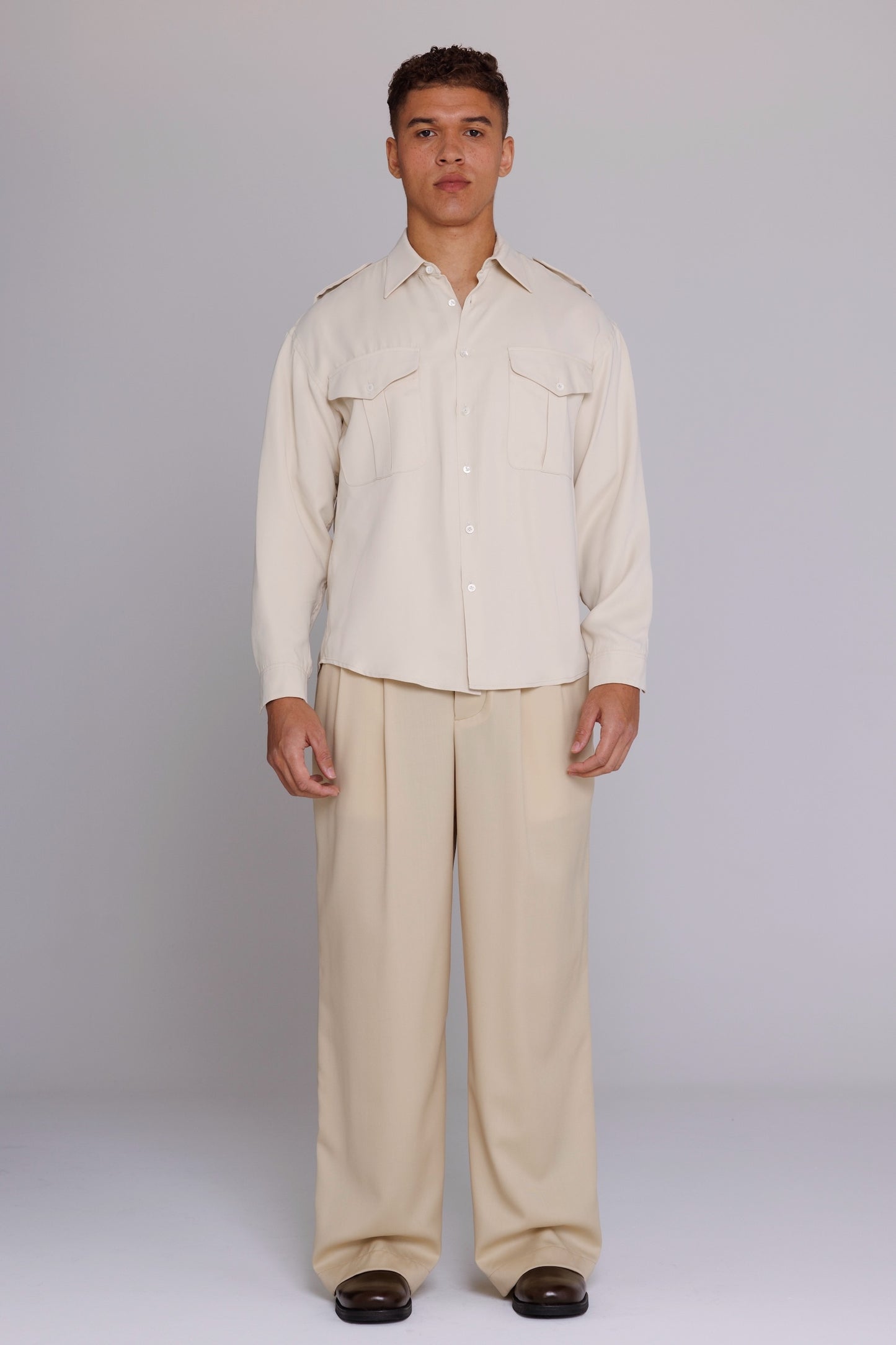 Graphia New York “Jones” Safari Shirt in Natural Satin