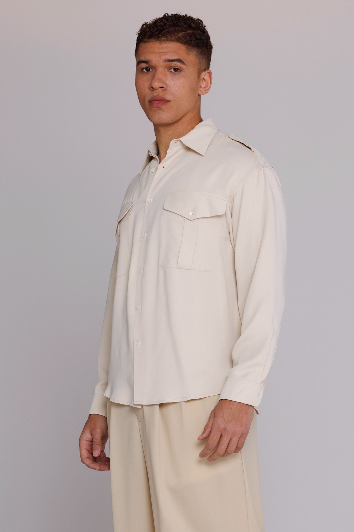 Graphia New York “Jones” Safari Shirt in Natural Satin