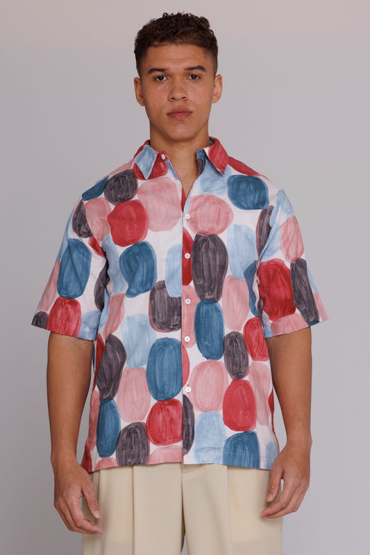 Graphia New York "Flowers" Button Up Shirt in Red & Blue Dots Print