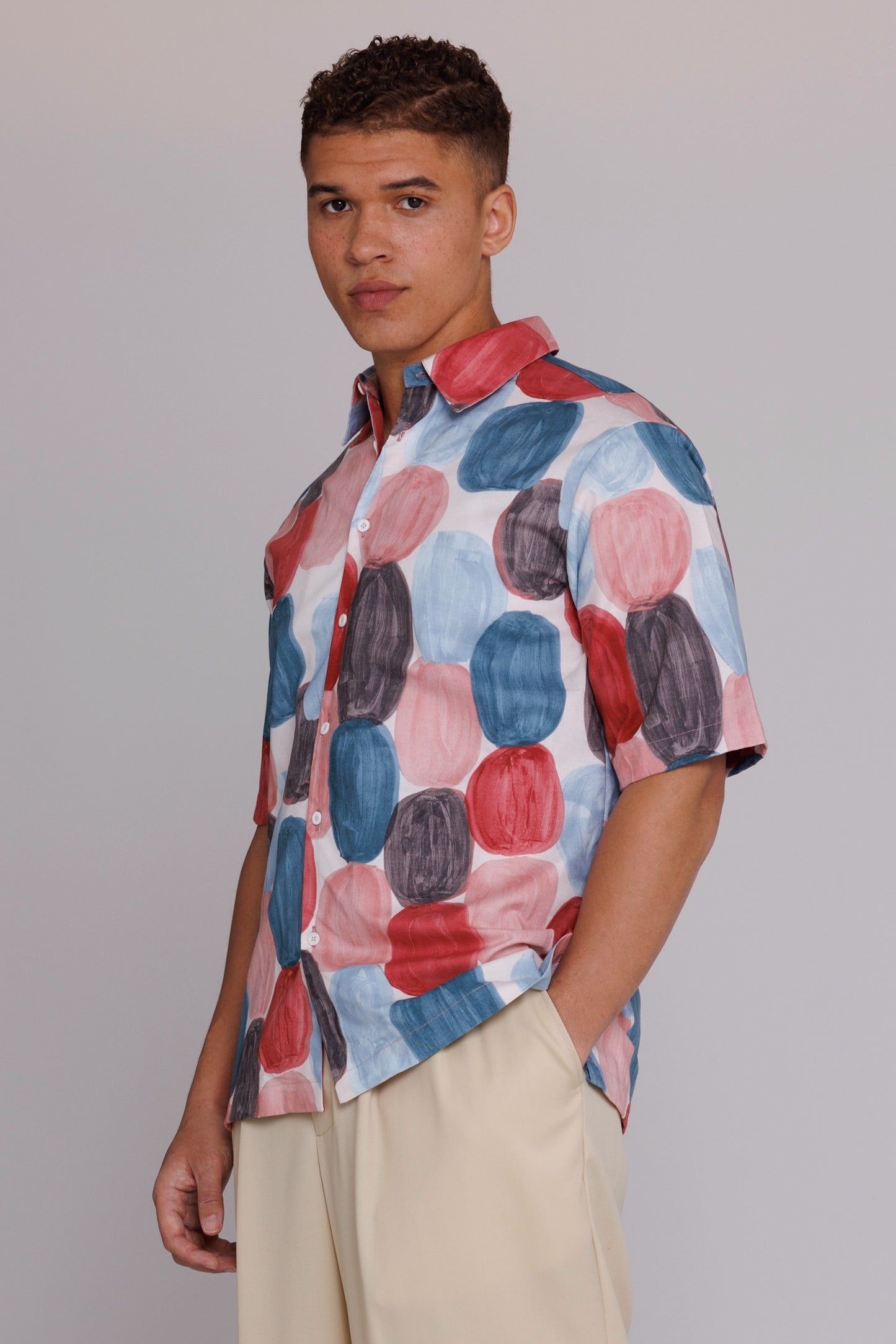 Graphia New York "Flowers" Button Up Shirt in Red & Blue Dots Print