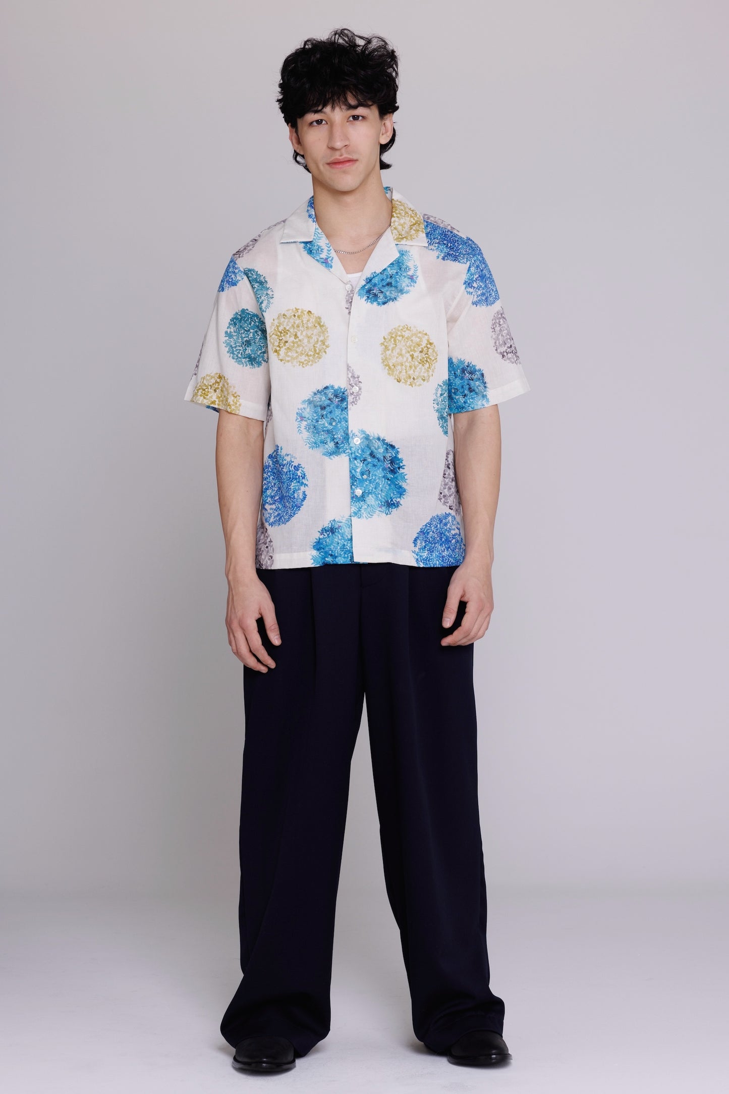 Graphia New York “Arnaz” Resort Shirt in Blue & Gold Watercolor Leaves Print