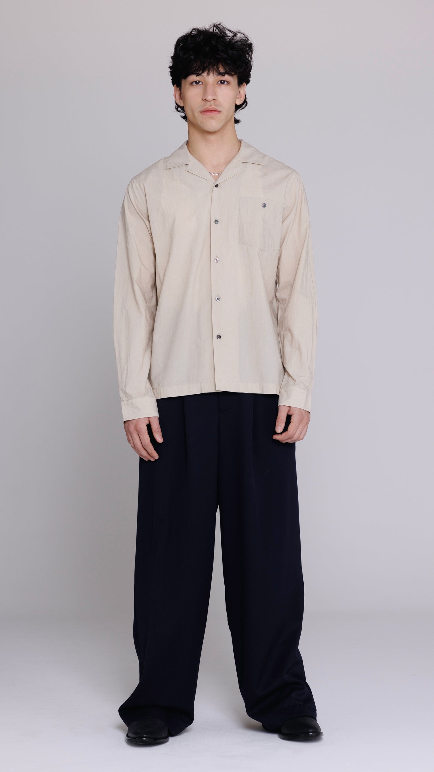 Graphia New York “Reinaldo” Convertible-Collar Shirt in Natural Khaki