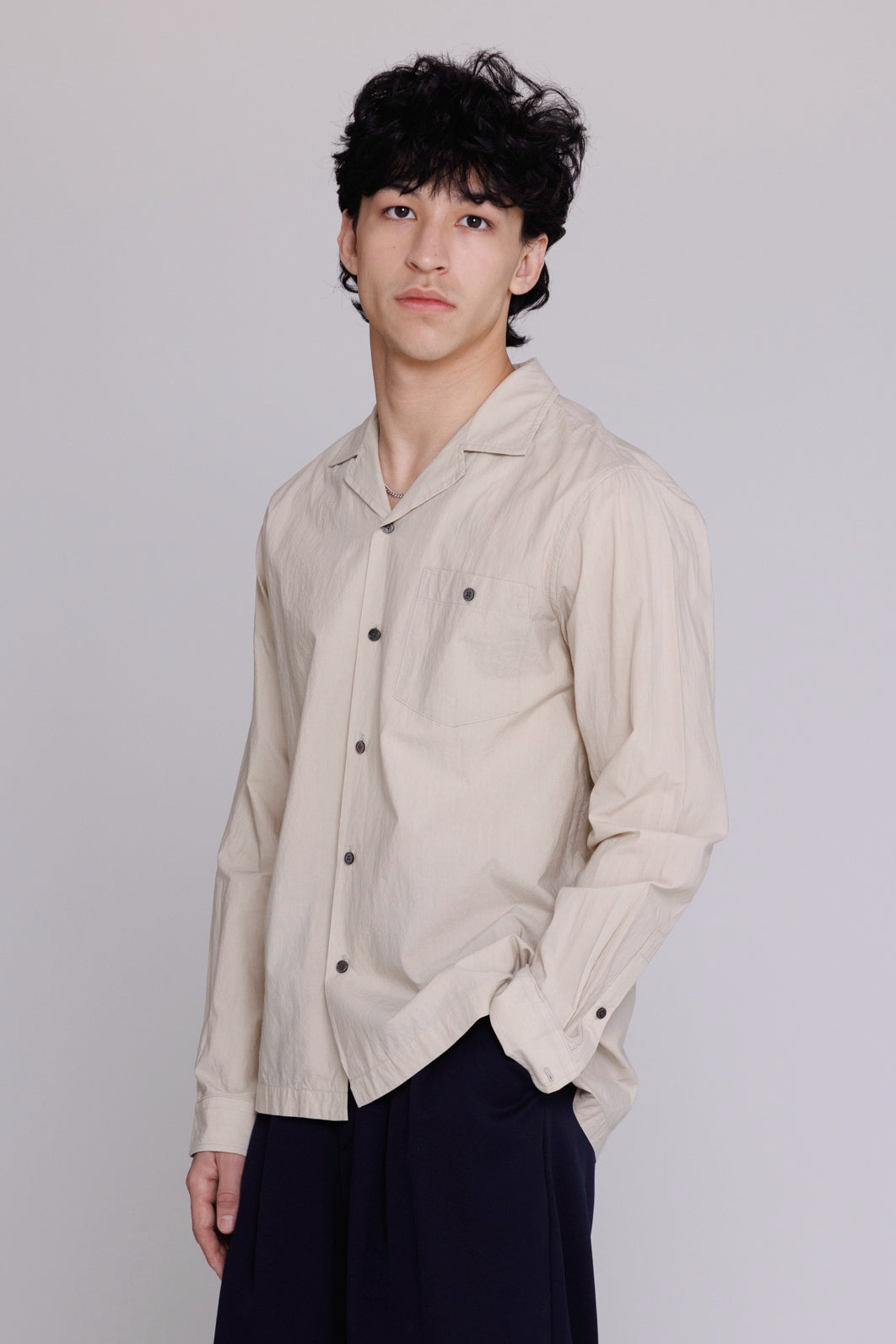 Graphia New York “Reinaldo” Convertible-Collar Shirt in Natural Khaki