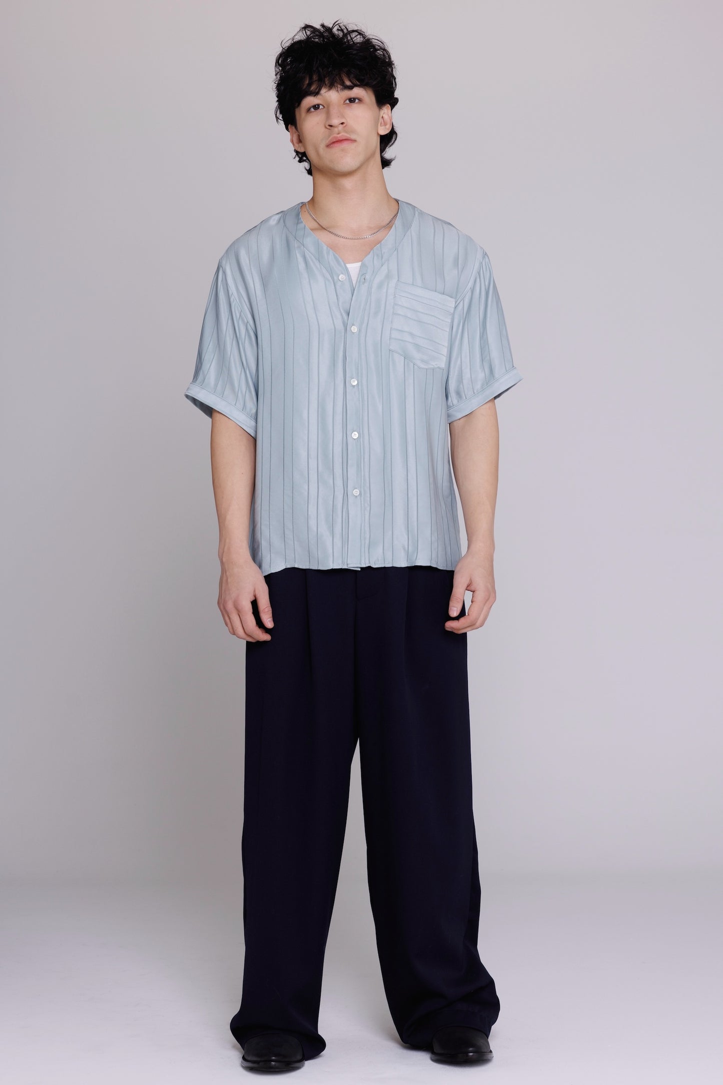 Graphia New York "Valenzuela" Baseball Collar Shirt in Blue Satin Stripe