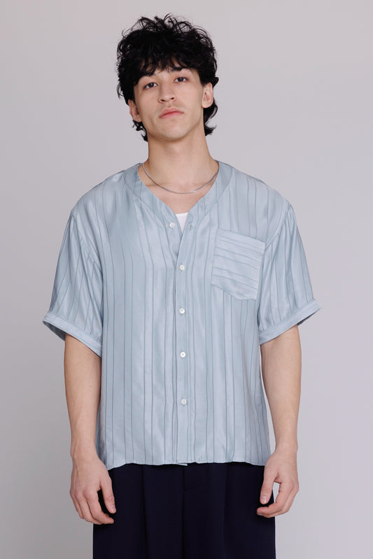 Graphia New York "Valenzuela" Baseball Collar Shirt in Blue Satin Stripe