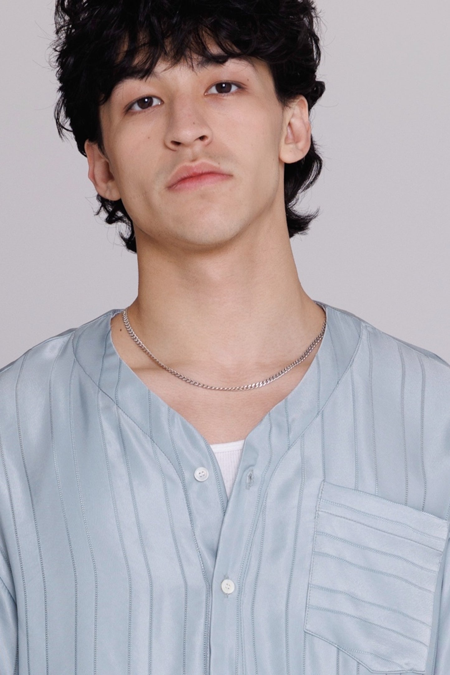 Graphia New York "Valenzuela" Baseball Collar Shirt in Blue Satin Stripe