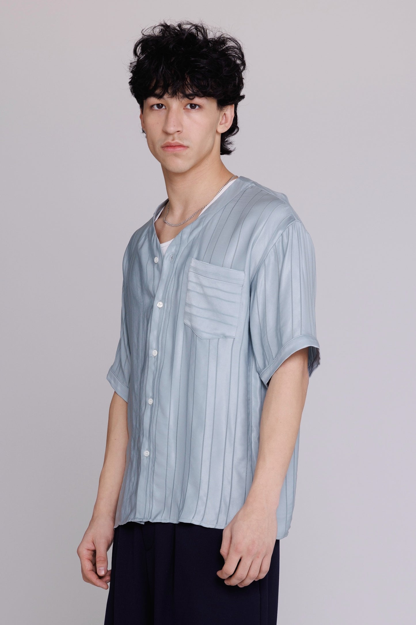 Graphia New York "Valenzuela" Baseball Collar Shirt in Blue Satin Stripe