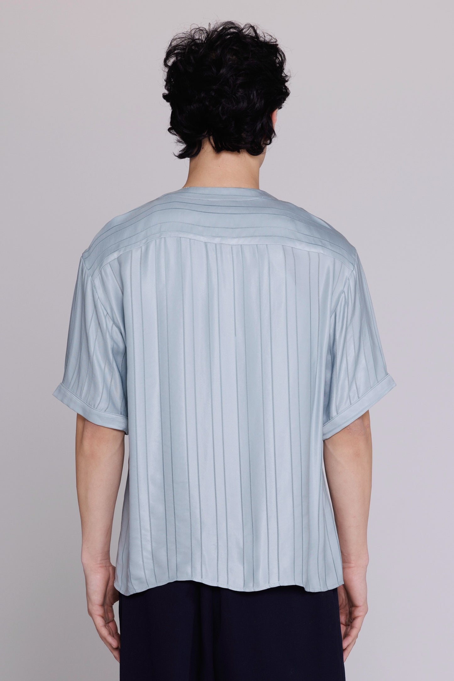 Graphia New York "Valenzuela" Baseball Collar Shirt in Blue Satin Stripe