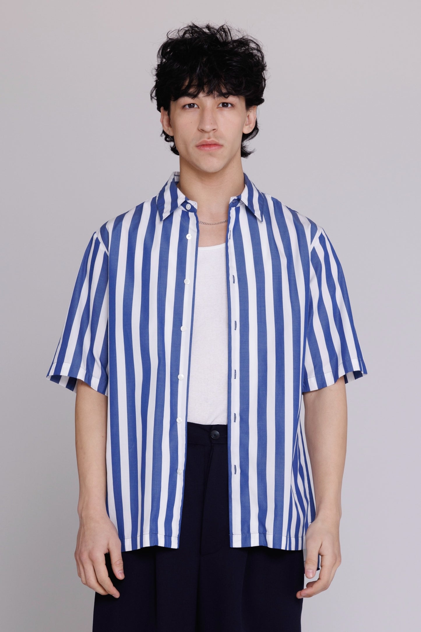 Graphia New York "Flowers" Button Up Shirt in Blue & White Bar Stripes