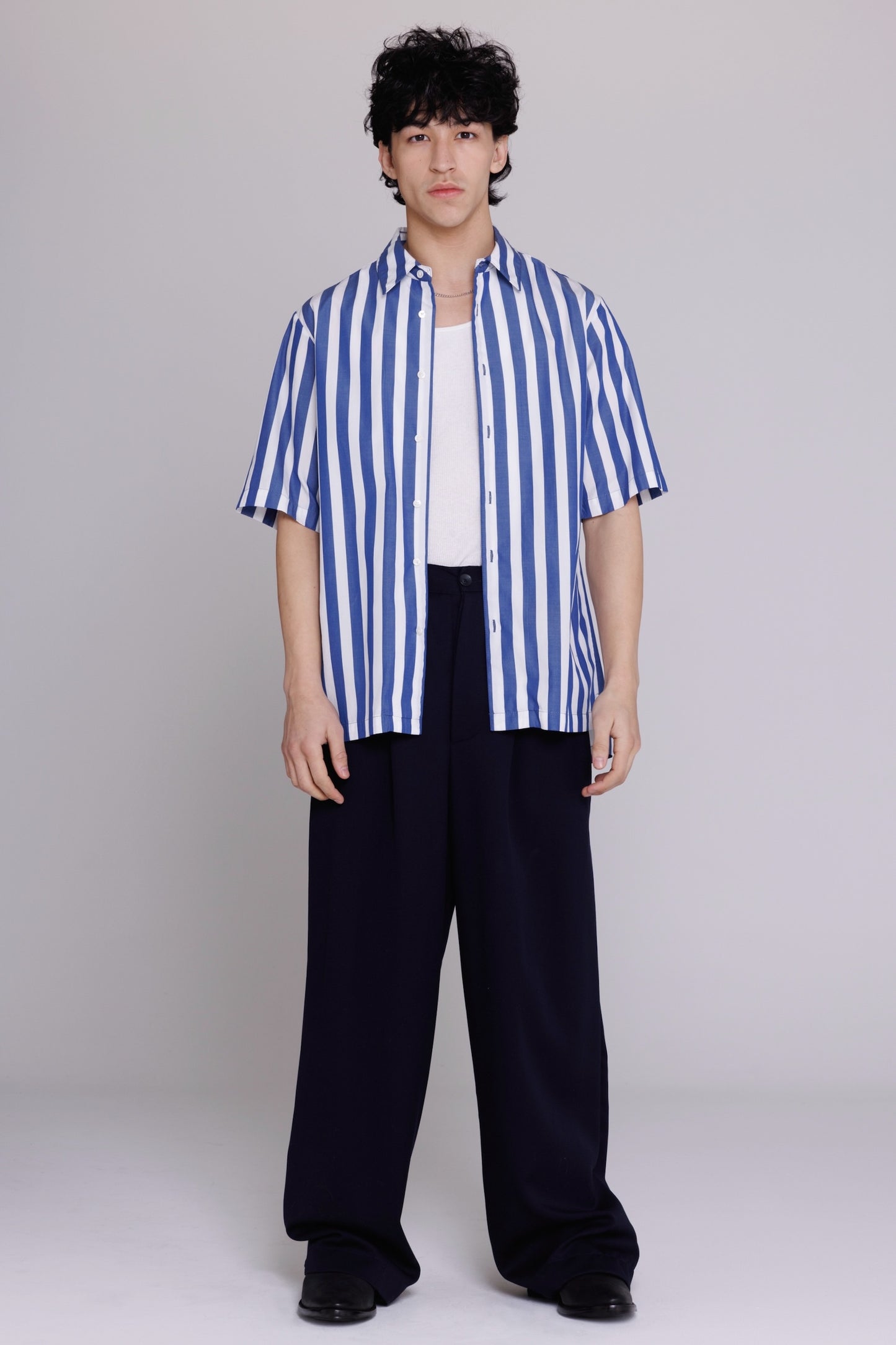 Graphia New York "Flowers" Button Up Shirt in Blue & White Bar Stripes