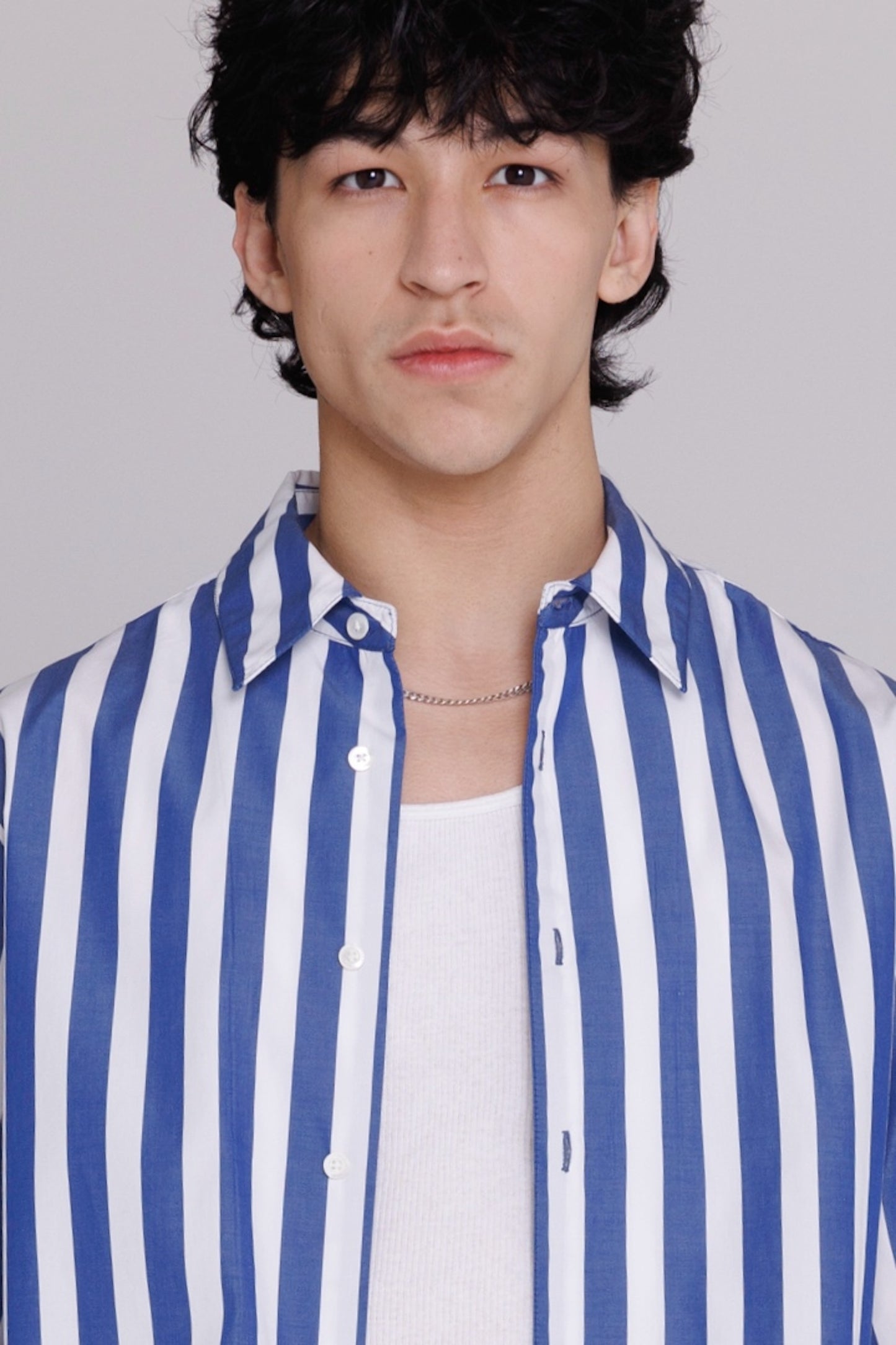 Graphia New York "Flowers" Button Up Shirt in Blue & White Bar Stripes