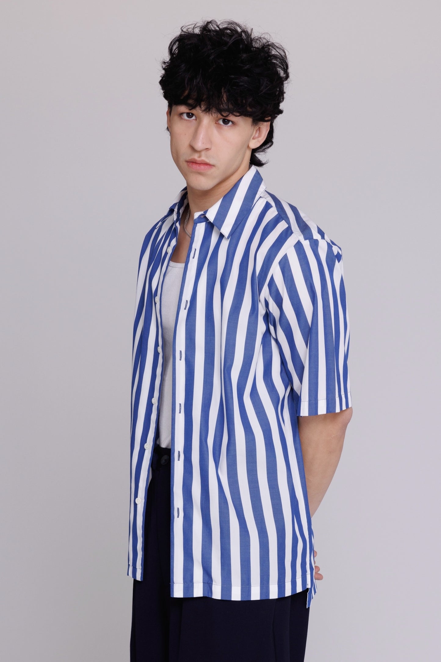 Graphia New York "Flowers" Button Up Shirt in Blue & White Bar Stripes