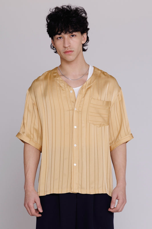 Graphia New York "Valenzuela" Baseball Collar Shirt in Gold Satin Stripe