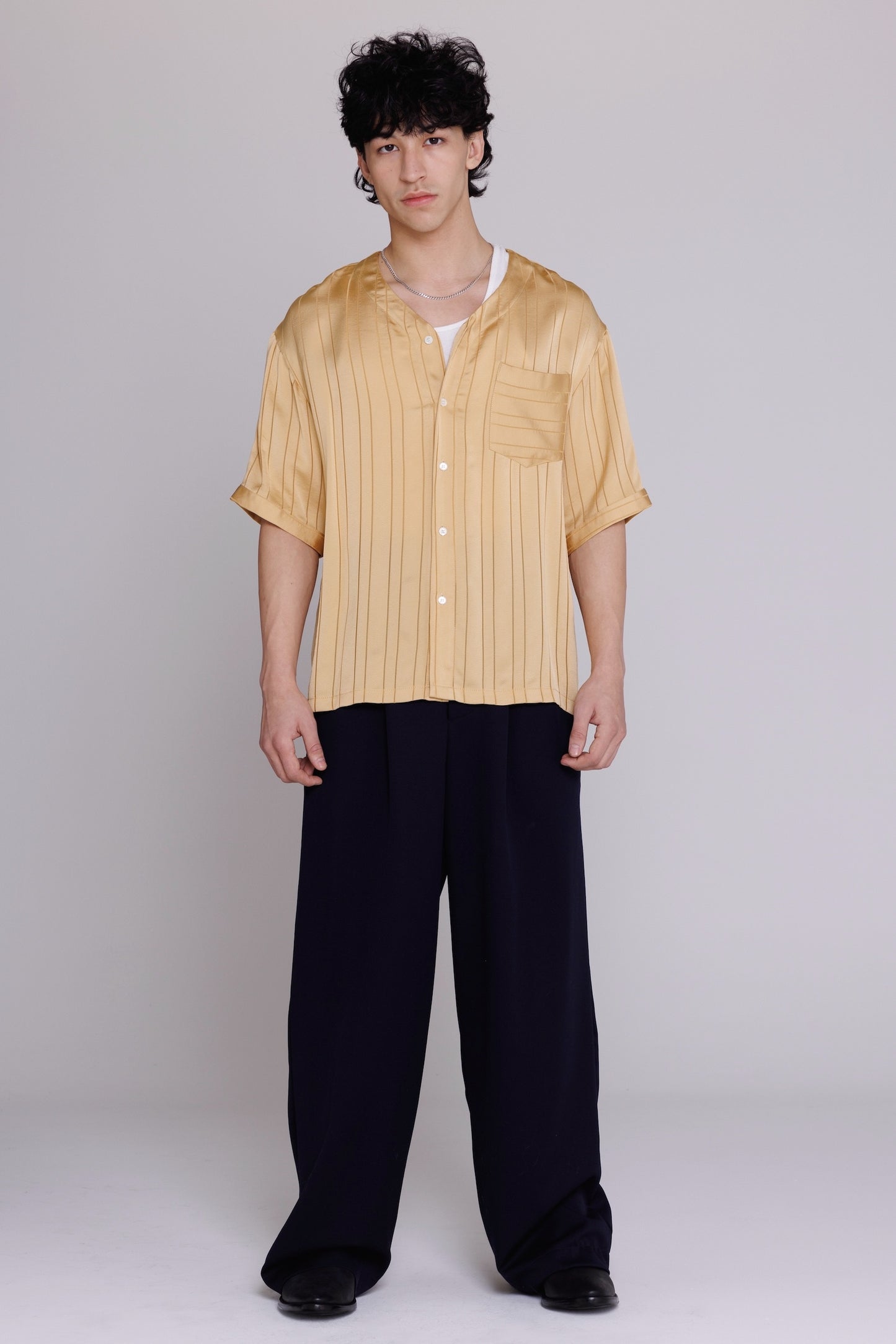 Graphia New York "Valenzuela" Baseball Collar Shirt in Gold Satin Stripe