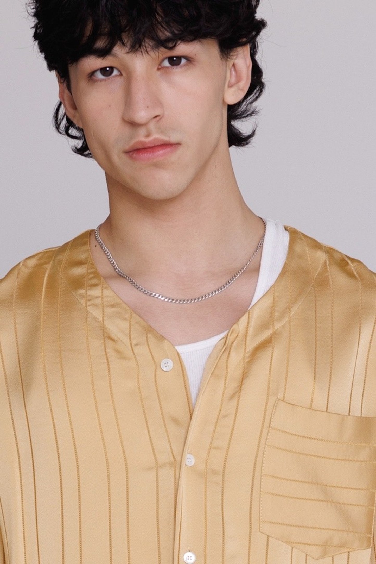 Graphia New York "Valenzuela" Baseball Collar Shirt in Gold Satin Stripe