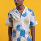 Graphia New York “Arnaz” Resort Shirt in Blue & Gold Watercolor Leaves Print