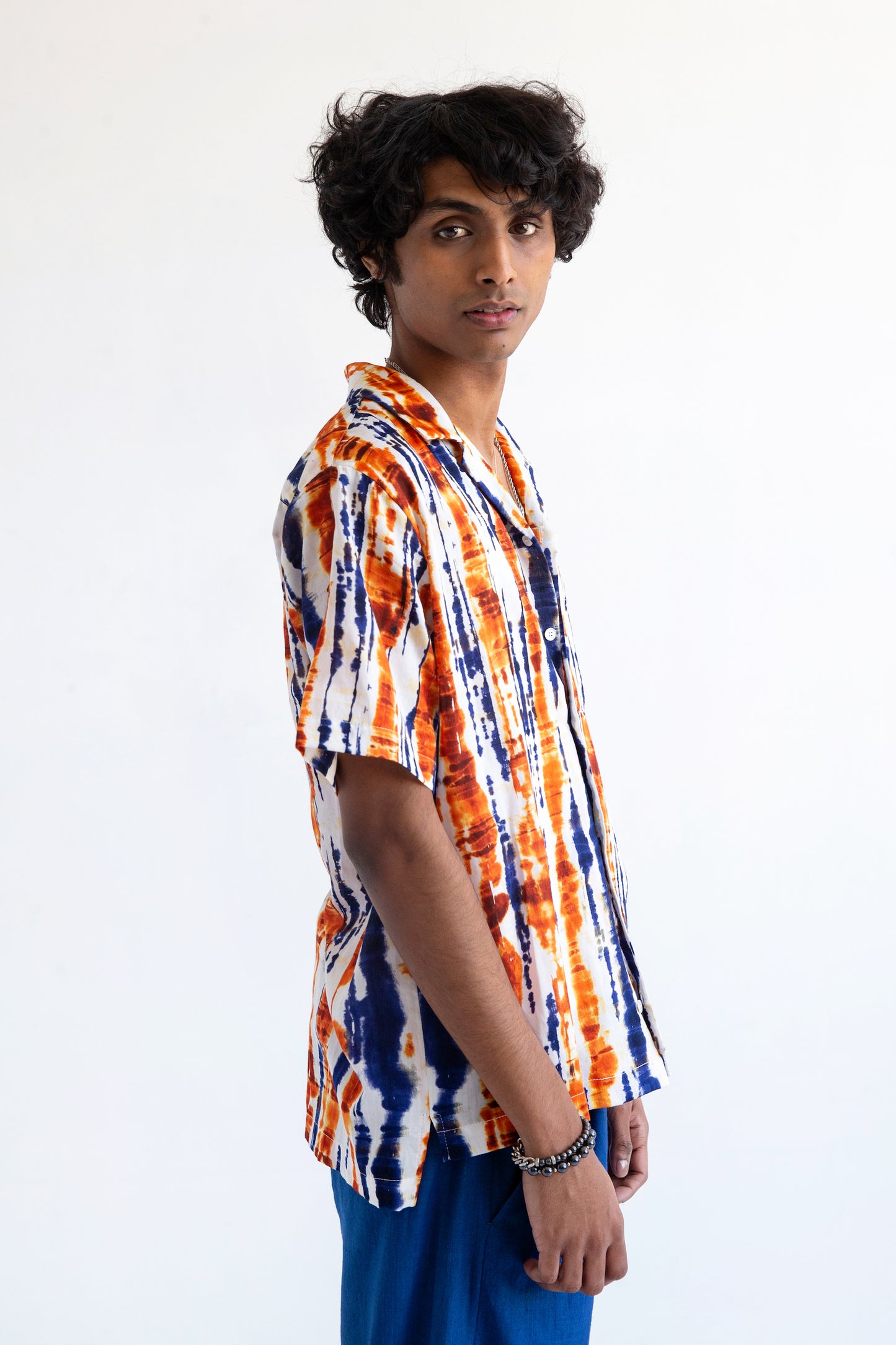 Graphia New York 'Desi' Short Sleeve Camp Collar Blue and Orange Batik Print