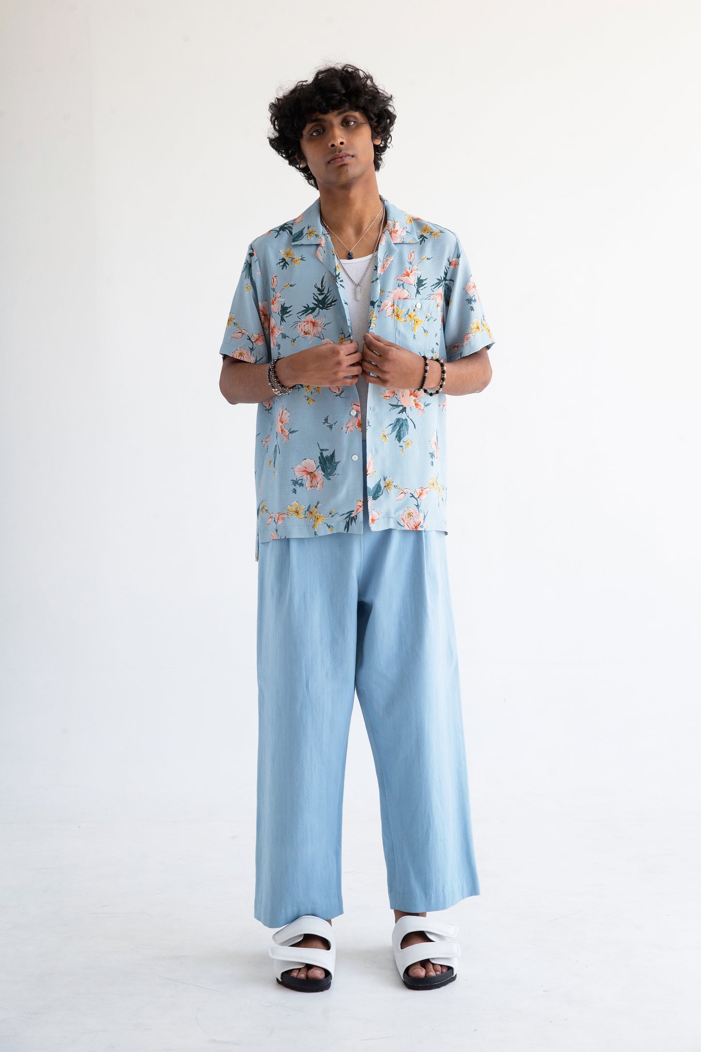 Graphia New York 'Desi' Short Sleeve Camp Collar in Blue Ukiyoe Hibiscus Print