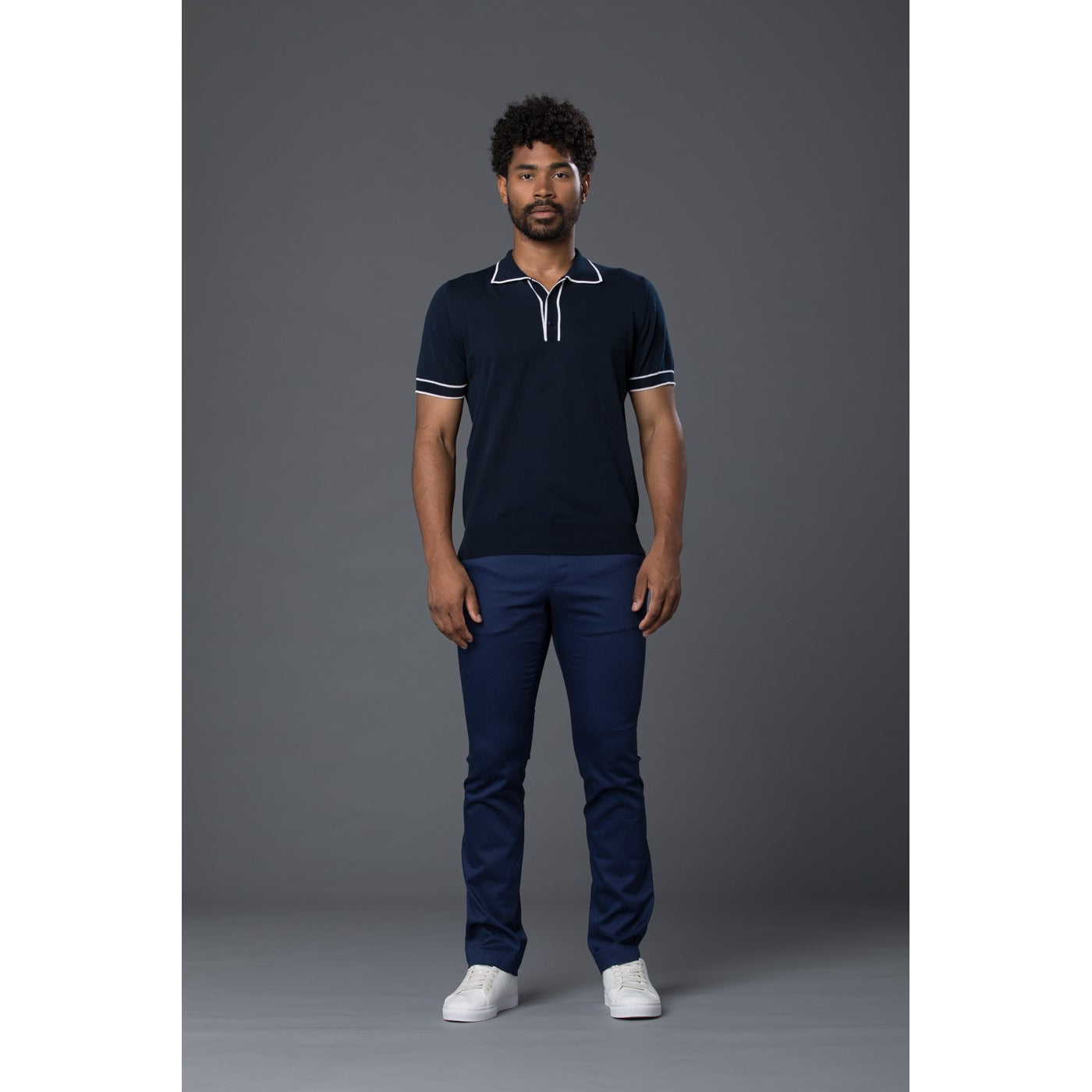 David Hart Navy and white piped polo